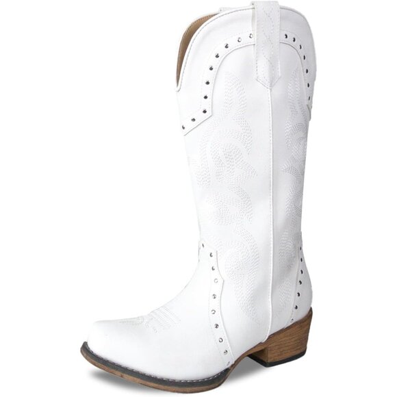 Shoes - Women White Rivet Vintage Elements Mid-Calf Cowgirl Boots Square Toe Chunky